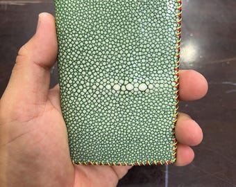 Green Stingray Leather Card Holder, Handmade Slim Wallet