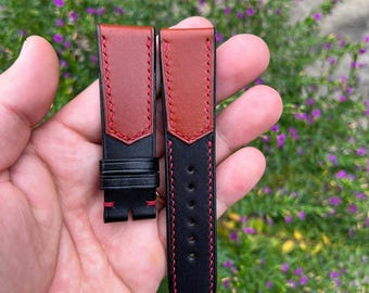 Pulseira de relógio em couro bovino preto e marrom de 22 mm com fivela, pino de mola de liberação rápida, feita à mão.