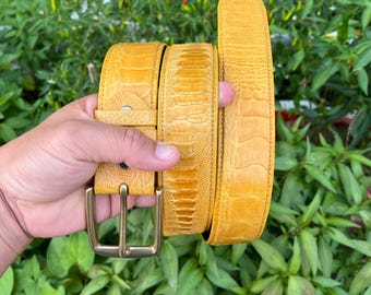 Cinto de couro de avestruz amarelo, todos os tamanhos, tira de 38 mm.