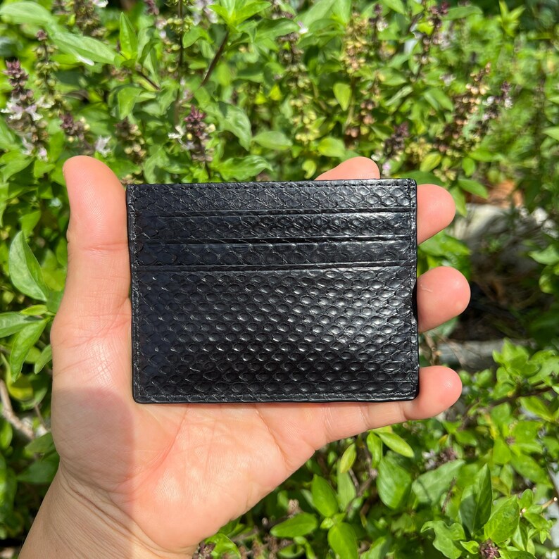 Puede incluir: Un tarjetero negro con un patr&oacute;n texturizado similar a la piel de serpiente. La cartera rectangular tiene m&uacute;ltiples ranuras para tarjetas y se sostiene en una mano sobre un fondo de follaje verde. La cartera es de color oscuro.