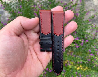 Pulseira de relógio em couro bovino preto e marrom de 20 mm com fivela, pino de mola de liberação rápida, feita à mão.