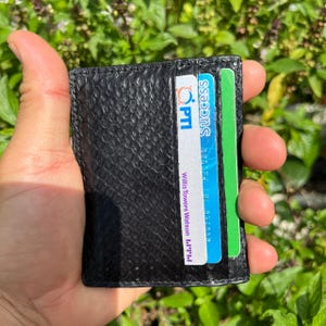 Puede incluir: Tarjetero de cuero negro con un patr&oacute;n de piel de serpiente texturizado. La cartera contiene varias tarjetas, incluida una con el texto "PTI" y "Success". El tarjetero se sostiene en una mano sobre un fondo de follaje verde.