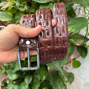 May include: A brown leather belt with a crocodile skin texture. The belt has a silver-coloured buckle and a single silver stud. The belt is held up by a hand, with green foliage in the background.