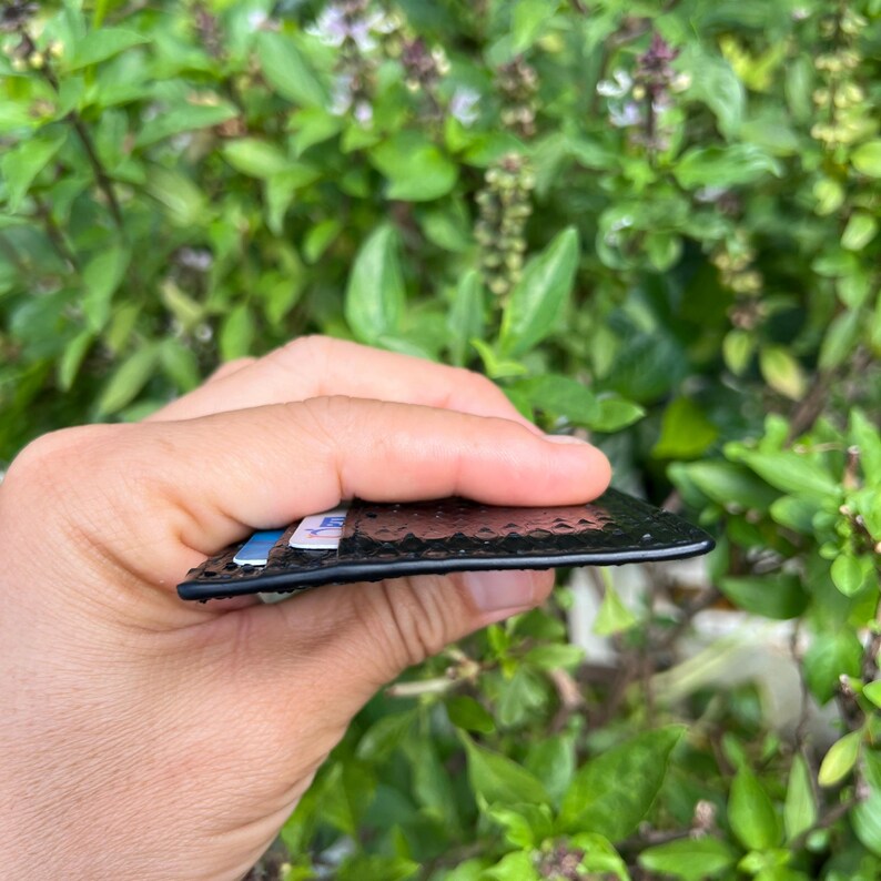 Puede incluir: Tarjetero de cuero negro texturizado con tarjetas visibles. El monedero se sostiene contra un fondo de follaje verde. El tarjetero parece delgado y minimalista, dise&ntilde;ado para llevar tarjetas esenciales.