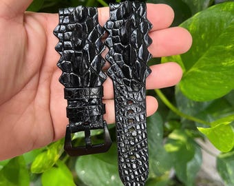 24mm BLACK Hornback Genuine Leather Watch Wrist Strap Band Buckle, Handcrafted Custom