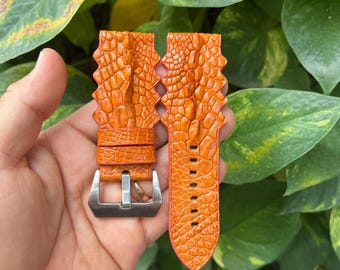 Pulseira de relógio de couro genuíno laranja Hornback de 28 mm com fivela, feita à mão e personalizada.