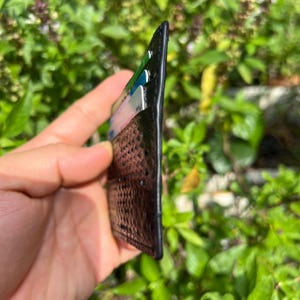 Puede incluir: Un tarjetero de cuero negro con una superficie texturizada. El tarjetero contiene varias tarjetas de diferentes colores. El fondo es una vista borrosa de follaje verde.