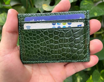 Porta-cartões minimalista em couro genuíno verde com RFID, mini carteira para cartões, feito à mão.