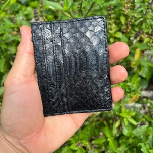 May include: Black card holder with a textured, snake-skin pattern. The wallet has multiple card slots and is held in a hand against a background of green foliage.