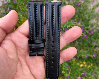 Pulseira de relógio em couro bovino preto de 20 mm com fivela, pino de mola de liberação rápida, feita à mão sob encomenda.