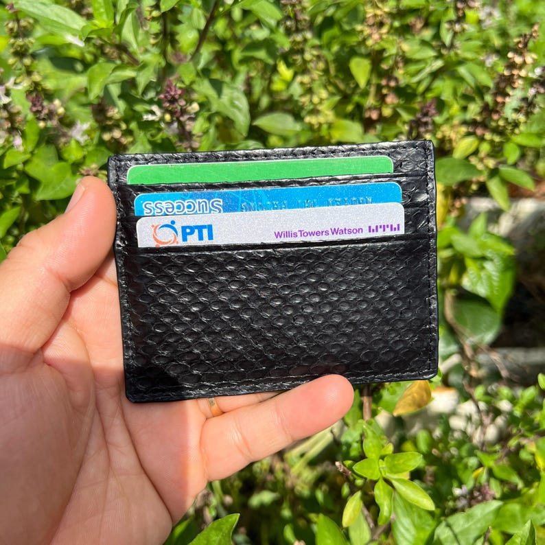 Puede incluir: Tarjetero de cuero negro con un patr&oacute;n texturizado, que contiene varias tarjetas. Las tarjetas son verdes, azules y blancas, con texto que incluye "SUCCESS", "PTI" y "Willis Towers Watson". El tarjetero se sostiene sobre un fondo de follaje verde.