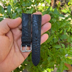 May include: Two black watch straps with a textured, reptile-like pattern. One strap has a silver buckle. The straps are displayed against a background of green foliage.