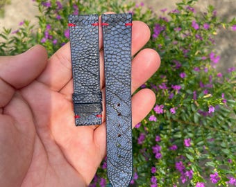 Pulseira de relógio em couro de avestruz genuíno azul de 20 mm com fivela, pino de mola de liberação rápida, estilo vintage.