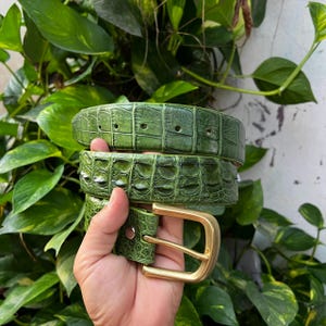 Puede incluir: Un cinturón verde con un patrón texturizado de piel de cocodrilo y una hilera prominente de escamas elevadas en el centro. El cinturón incluye una serie de agujeros perforados para el ajuste y se asegura con una hebilla de metal dorado pulido.