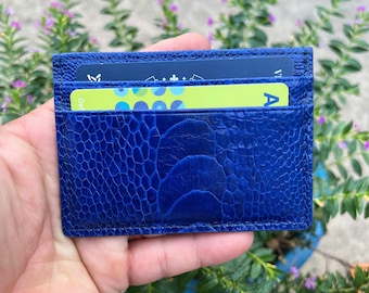Blue Ostrich Leather Card Holder, Minimalist Wallet
