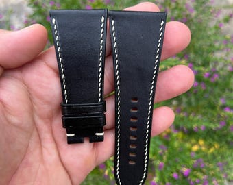 Pulseira de relógio em couro bovino genuíno preto de 32 mm com fivela para Bvlgari, feita à mão sob encomenda.