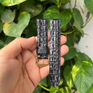 Puede incluir: Dos correas de reloj negras con textura de piel de cocodrilo. Las correas tienen una hebilla dorada. El fondo es una vista borrosa de hojas verdes.