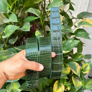May include: A green leather belt with a crocodile skin texture. The belt is held up against a background of green and yellow leaves. The belt is a medium shade of green.