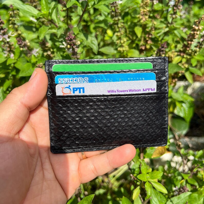 Puede incluir: Un tarjetero negro con superficie texturizada, que contiene varias tarjetas. Las tarjetas son verdes, azules y blancas, con las palabras "SUCCESS", "PTI" y "Willis Towers Watson" visibles. El tarjetero se muestra sobre un fondo de follaje verde.