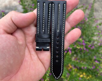 Pulseira de relógio em couro bovino preto de 20 mm com fivela, pino de mola de liberação rápida, feita à mão sob encomenda.