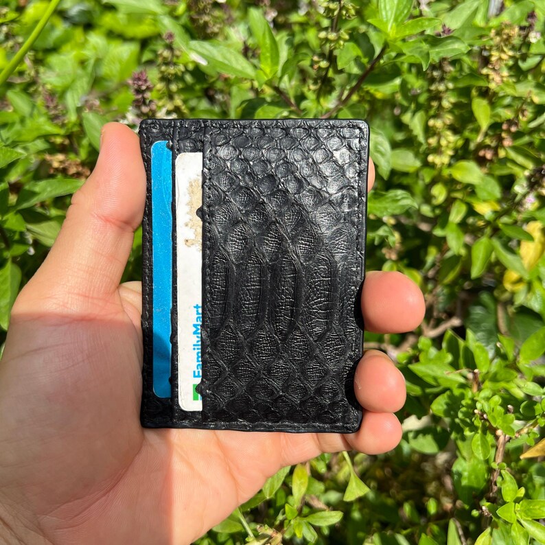 Genuine Python Leather Card Holder, Minimalist Bifold Wallet, Black 4-Slot Card Case image 3