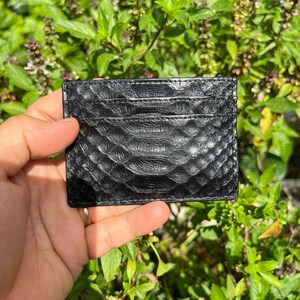 Genuine Python Leather Card Holder, Minimalist Bifold Wallet, Black 4-Slot Card Case image 13