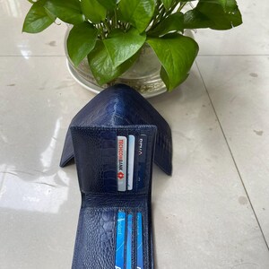 以下が含まれることがあります： ネイビーブルーの革製財布、クロコダイル柄。開いた財布には、カードスロットに複数のクレジットカードとIDカードが表示されています。財布は明るい色の表面にあり、背景には緑の植物があります。