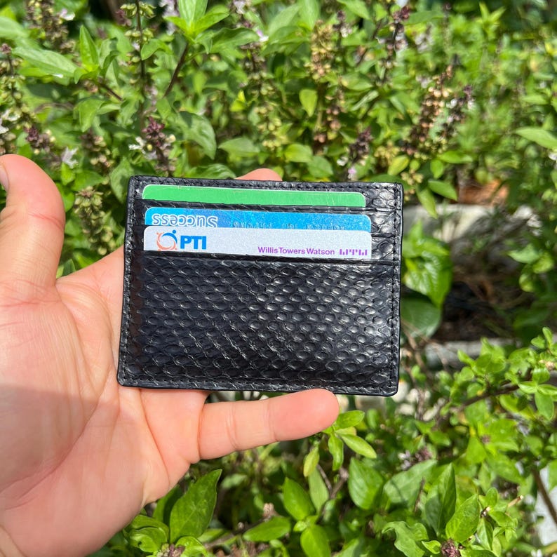 Puede incluir: Tarjetero de cuero negro texturizado con varias tarjetas de cr&eacute;dito visibles. El tarjetero se sostiene en una mano sobre un fondo de follaje verde. Las tarjetas tienen varios nombres y logotipos de empresas.