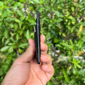 May include: A black, textured wallet is held against a backdrop of green foliage. The wallet appears to be made of a material with a scale-like pattern. The edges are smooth and the wallet is thin.