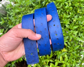 Cinto unissex em couro de avestruz genuíno azul, compatível com fivela H de 32 mm e reversível.