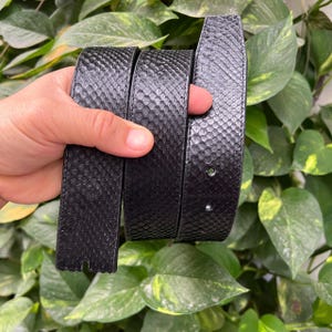 Op de afbeelding: Een zwarte riem met een slangenhuiddessin. De riem is gemaakt van donker materiaal en heeft een schubbenpatroon. De riem wordt door een hand omhooggehouden tegen een achtergrond van groene bladeren.