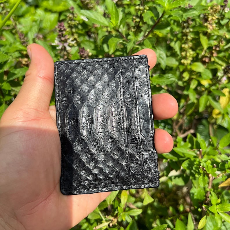 Genuine Python Leather Card Holder, Minimalist Bifold Wallet, Black 4-Slot Card Case image 14