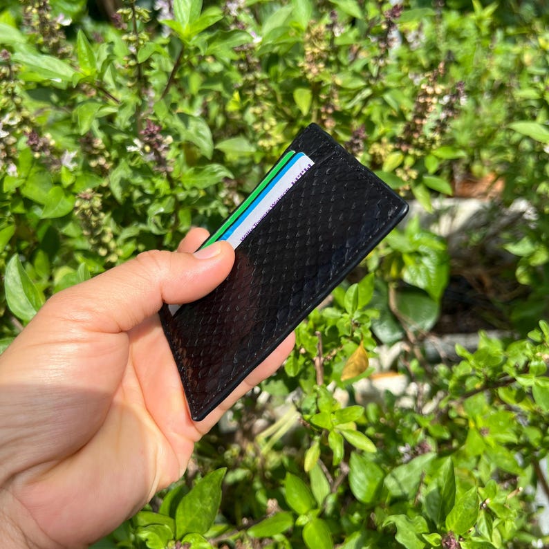 Puede incluir: Un tarjetero negro con un patr&oacute;n texturizado similar a la piel de serpiente. El tarjetero rectangular contiene varias tarjetas con rayas azules, verdes y blancas visibles. El fondo es un exuberante jard&iacute;n verde.