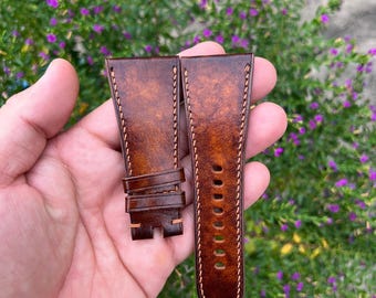 Pulseira de relógio em couro bovino genuíno marrom de 32 mm com fivela para Bvlgari, feita à mão sob encomenda.