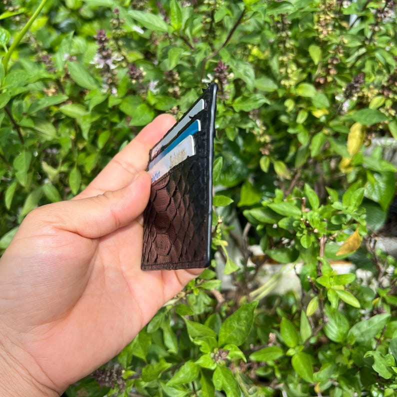 May include: A black, textured cardholder with a reptile-like pattern. The slim wallet holds several cards, visible against a backdrop of green foliage. The cardholder is designed for carrying credit cards and IDs.