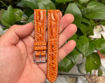 Pulseira de relógio de couro genuíno Hornback laranja de 20 mm com fivela e sistema de mola de liberação rápida.