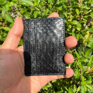 Genuine Python Leather Card Holder, Minimalist Bifold Wallet, Black 4-Slot Card Case image 7