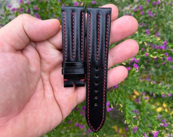 Pulseira de relógio em couro bovino preto de 20 mm com fivela, pino de mola de liberação rápida, feita à mão sob encomenda.