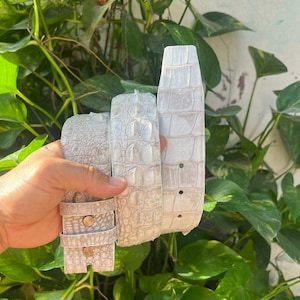 Puede incluir: Un cinturón gris claro con un patrón texturizado de piel de cocodrilo. El cinturón presenta una serie de escamas rectangulares en su superficie, una trabilla de cuero a juego y dos pequeños remaches metálicos en la sección inferior.