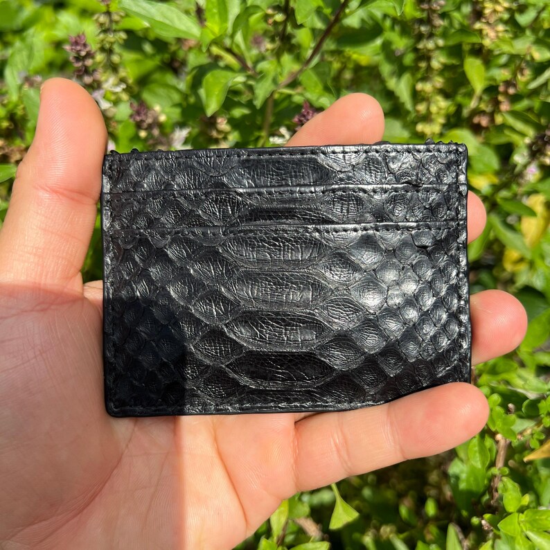 Genuine Python Leather Card Holder, Minimalist Bifold Wallet, Black 4-Slot Card Case image 4