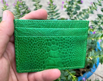 Green Ostrich Leather Card Holder, Minimalist Wallet