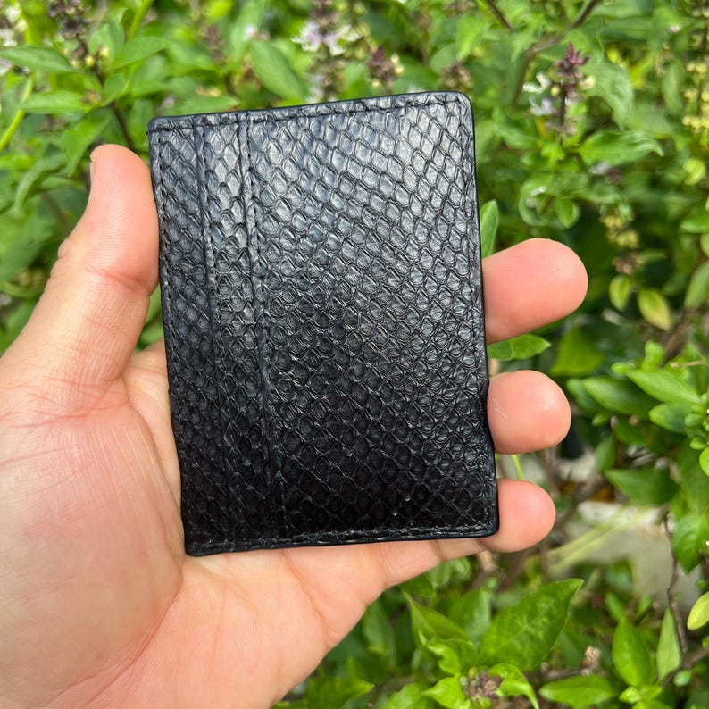 Puede incluir: Un tarjetero negro con un patr&oacute;n texturizado similar a la piel de serpiente. La cartera rectangular tiene m&uacute;ltiples ranuras para tarjetas y se sostiene en una mano sobre un fondo de follaje verde. Aproximadamente 10 cm de alto y 7,6 cm de ancho.