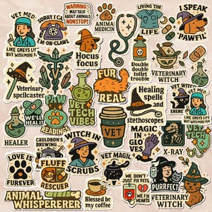 May include: A selection of colourful stickers with veterinary and witch themes. Designs include a stethoscope, potion bottles, witch hats, paw prints, and text like "Vet Tech Vibes" and "Purrfect Veterinary Witch."