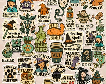 40pc Witchy Vet Med Sticker Pack – Cute Veterinary Stickers for Vet Techs, Students & Animal Lovers | Magical Vet Aesthetic Vinyl Stickers