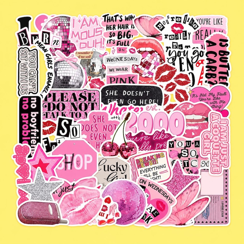 May include: A collection of assorted vinyl stickers featuring a pink and black color palette. Designs include disco balls, cherries, lips, stars, and various text quotes such as "You can't sit with us," "On Wednesdays we wear pink," and "Is butter a carb?"