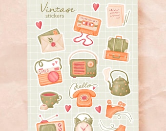 Hoja de pegatinas retro para álbum de recortes / Pegatinas vintage para agenda o diario