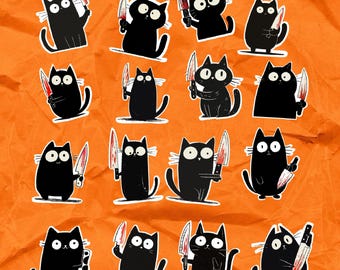 Black Cat Knife Sticker Pack: Funny Horror Halloween Decals
