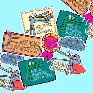 May include: A selection of stickers with cartoon illustrations of medical instruments. The stickers feature phrases such as "Not Scary, Just Colourful" and "Clamp! Champ!" against a light blue backdrop.