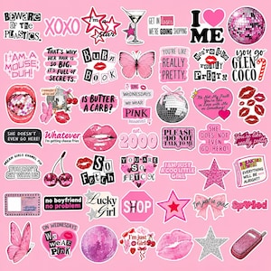 May include: A collection of pink and black stickers featuring various designs including disco balls, butterflies, lips, stars, and text quotes such as Beware of the Plastics, I am a mouse duh, You are like really pretty, and Is butter a carb.