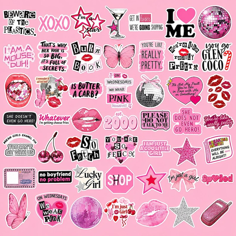 May include: A collection of pink and black stickers featuring various designs including disco balls, butterflies, lips, stars, and text quotes such as Beware of the Plastics, I am a mouse duh, You are like really pretty, and Is butter a carb.